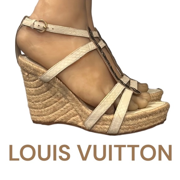Authentic Louis Vuitton signature luxury leather wedges espadrilles sandals sz 7 - Picture 1 of 16